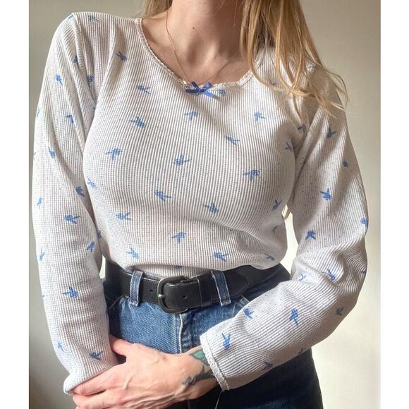Vintage 70s 80s Playboy All Over Print Bunny Waffle Knit Thermal Shirt XS/S RARE - Picture 1 of 12